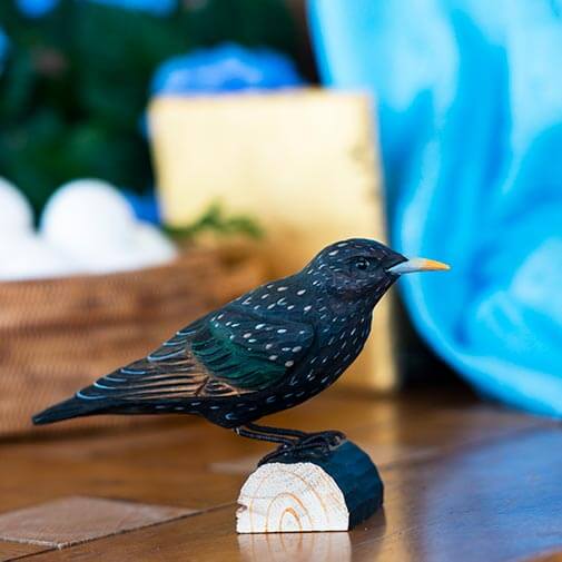 Vogelbeeldje Spreeuw – Handgesneden Houten Decoratievogel | DecoBird Wildlife Garden