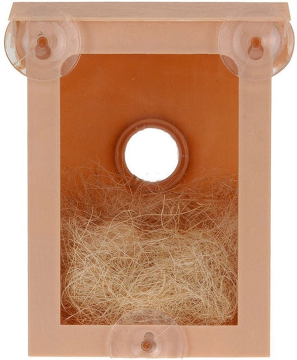 Meekijk vogelhuisje met spionagefolie – raam-nestkast met 3 zuignappen (kunststof, 20×14×10 cm, invliegopening Ø41 mm + ringen 32/25 mm)