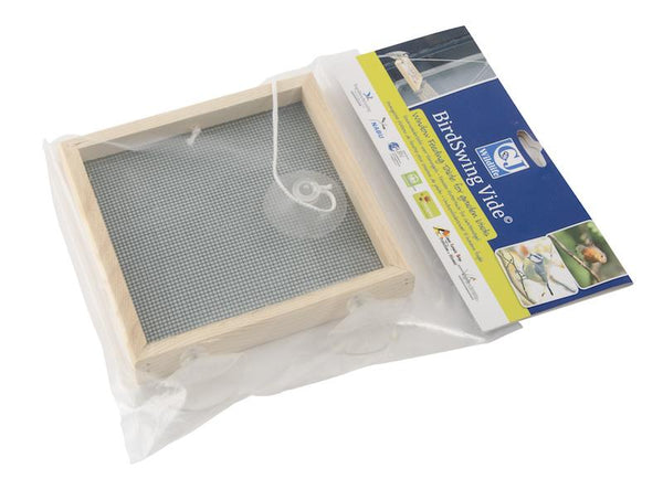 BirdSwing Vide raamvoederplateau – houten raamvoedertafel met 3 zuignappen (tray ca. 16×16–17,5×2 cm; totale hoogte ±40 cm) – 1,5 kg draagkracht – CJ Wildlife