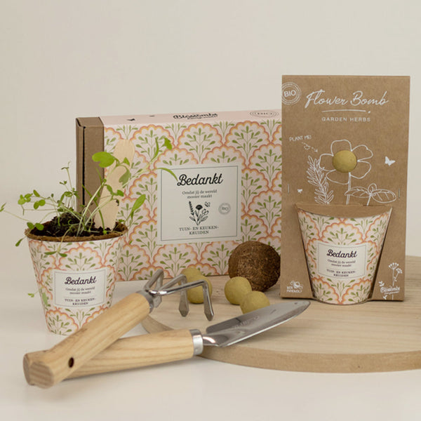 Gift Box Small "Bedankt" met 7 Tuin- en Keukenkruiden Mix Zaadbommetjes