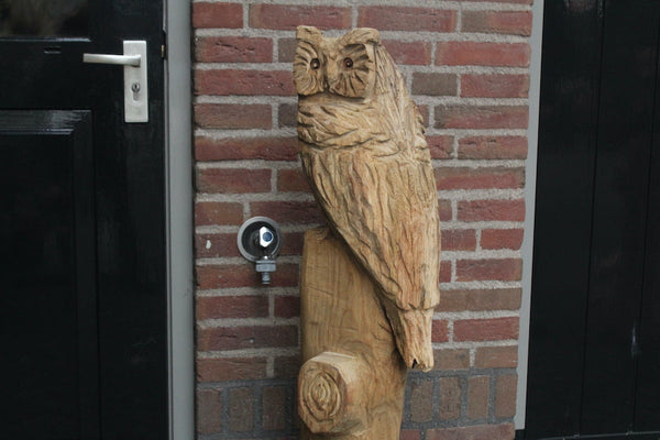 Houtsculptuur uil op stam