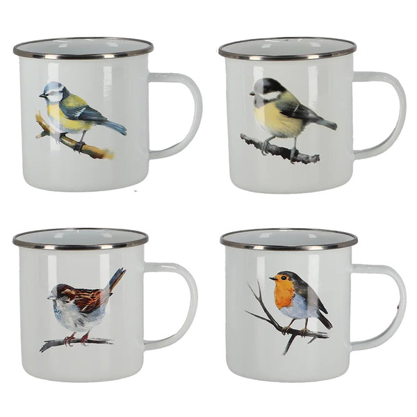 Emaille mok aquarel vogel Esschert Design – assortiment van 4 designs
