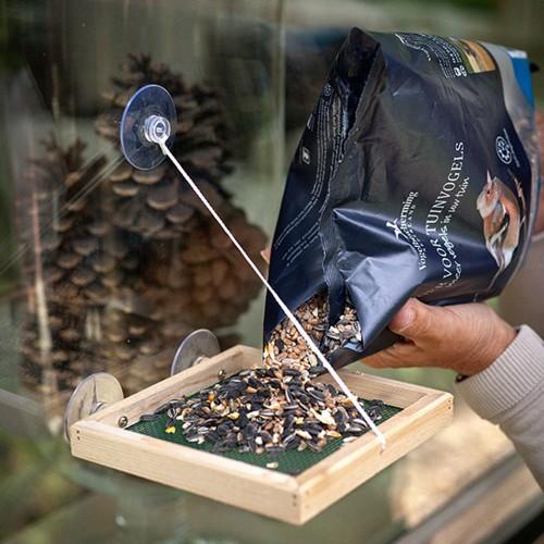 BirdSwing Vide raamvoederplateau – houten raamvoedertafel met 3 zuignappen (tray ca. 16×16–17,5×2 cm; totale hoogte ±40 cm) – 1,5 kg draagkracht – CJ Wildlife