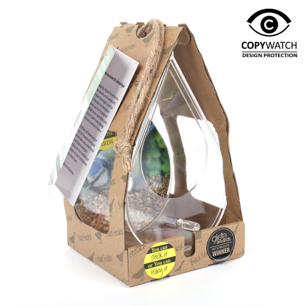 Raamvoederhuisje Druppel – transparant perspex raamvoederhuis met 2 zuignappen (23×13,5×14,5 cm)