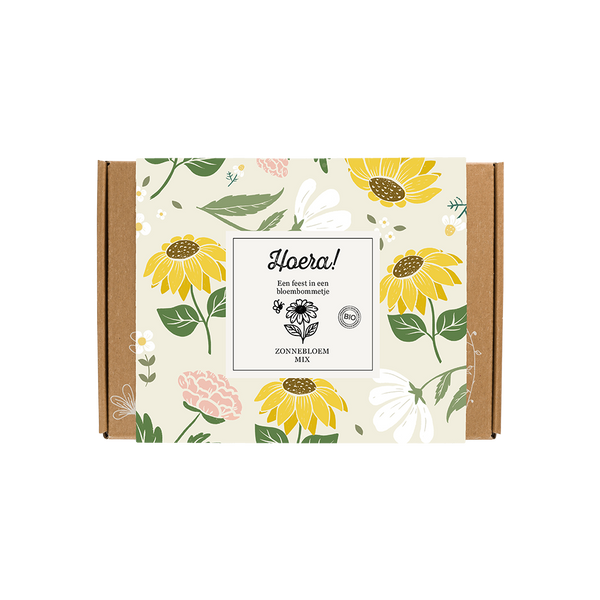 Gift Box Small "Hoera!" met 7 Zonnebloem Mix Zaadbommetjes