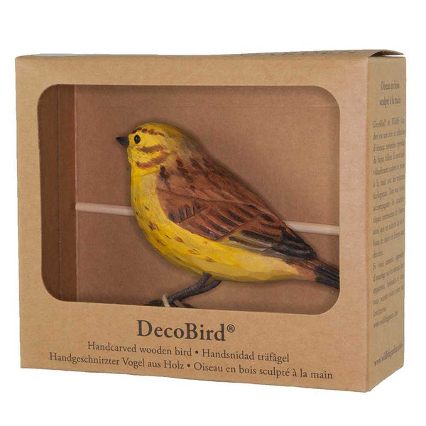 Vogelbeeldje Geelgors – Handgesneden Houten Decoratievogel | DecoBird Wildlife Garden