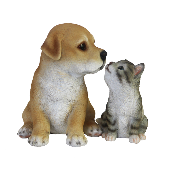Zittende labrador pup met kitten