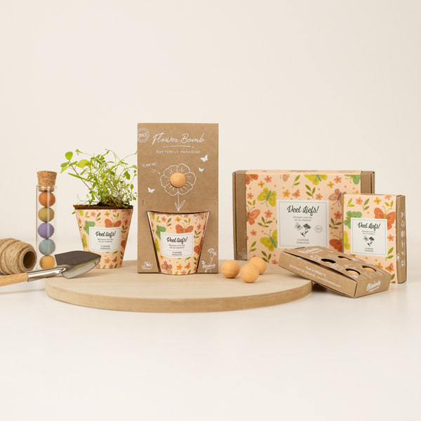 Gift Box Small "Veel liefs!" met 7 Vlinder Mix Zaadbommetjes