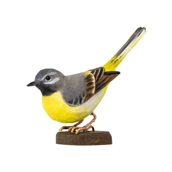 DecoBird Grote gele kwikstaart – handgesneden houten vogel (13,3 cm)
